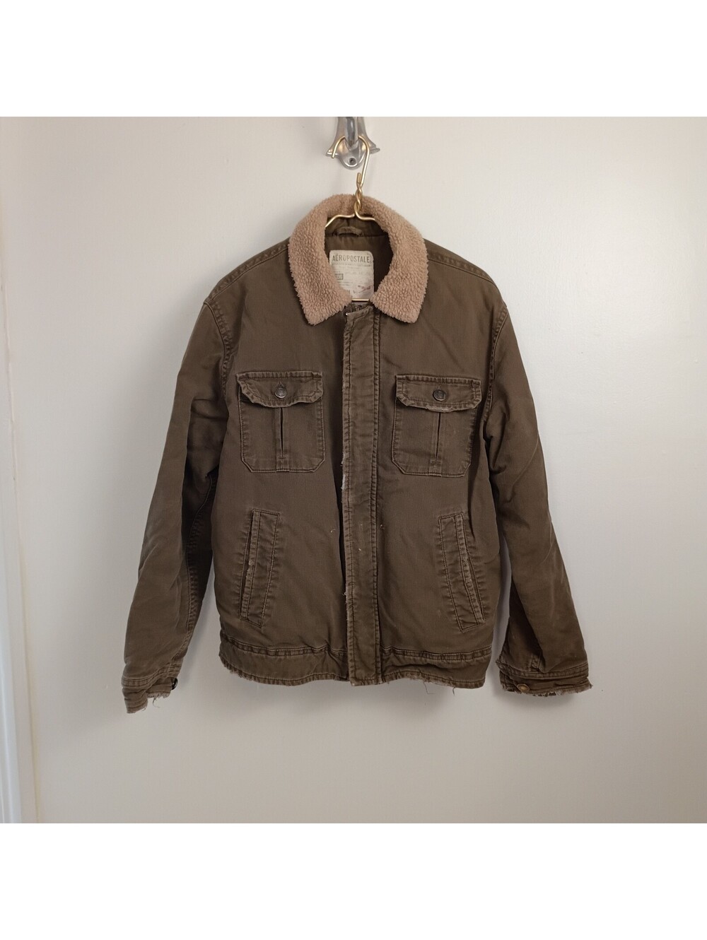 Aeropostale Trucker Jacket Mens Distressed Green Sherpa Collar Lined Insulated M